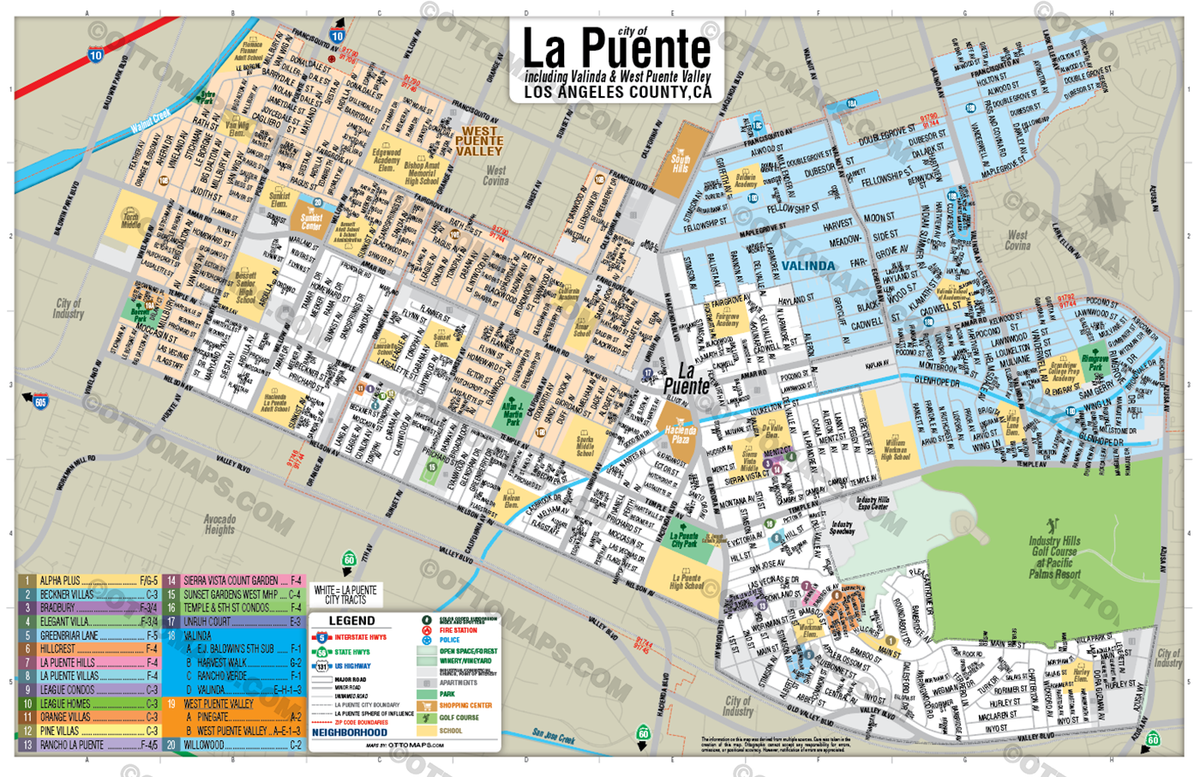 La Puente Map with Valinda and West Puente Valley,  Los Angeles County, CA - POSTER PRINTS