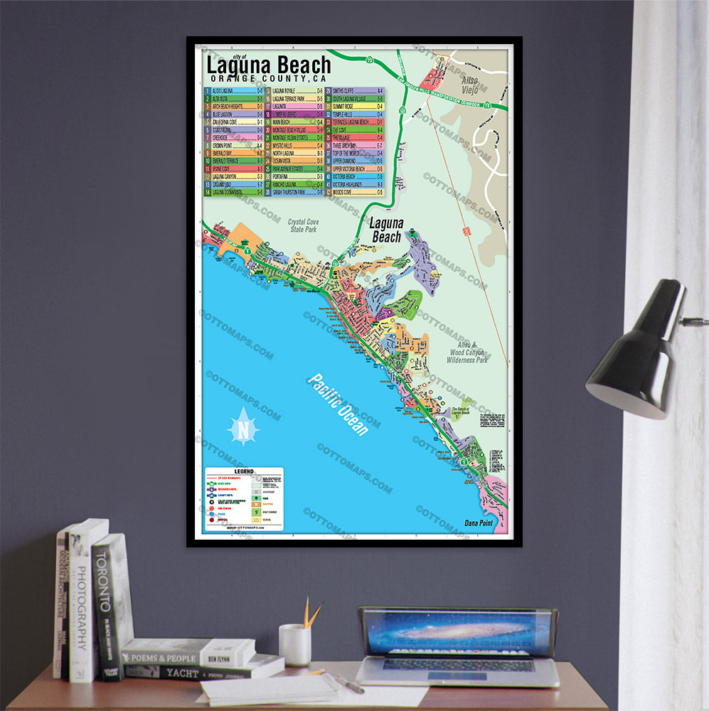 Laguna Beach Map, Orange County, CA - POSTER PRINTS - WITH FRAME