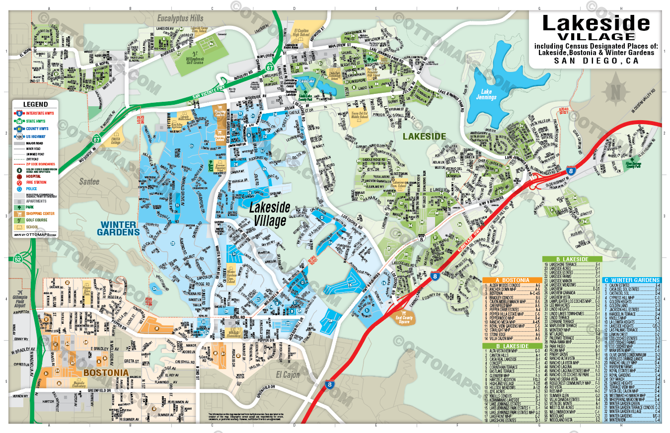 Lakeside Map, San Diego County, CA - POSTER PRINTS