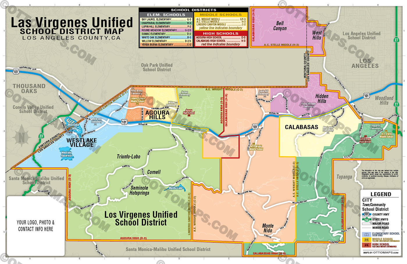 Las Virgenes Unified School District Map, Los Angeles County, CA - FILES - PDF and AI, editable, vector, royalty free