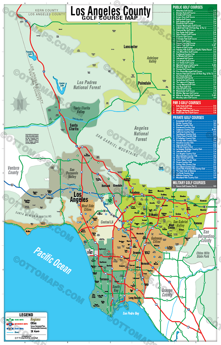 Los Angeles County Golf Course Map - POSTER PRINTS