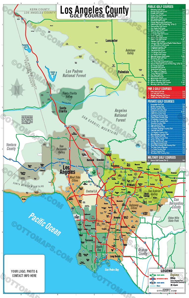 Los Angeles County Golf Course Map - FILES - PDF and AI, editable, layered, vector, royalty free - with box