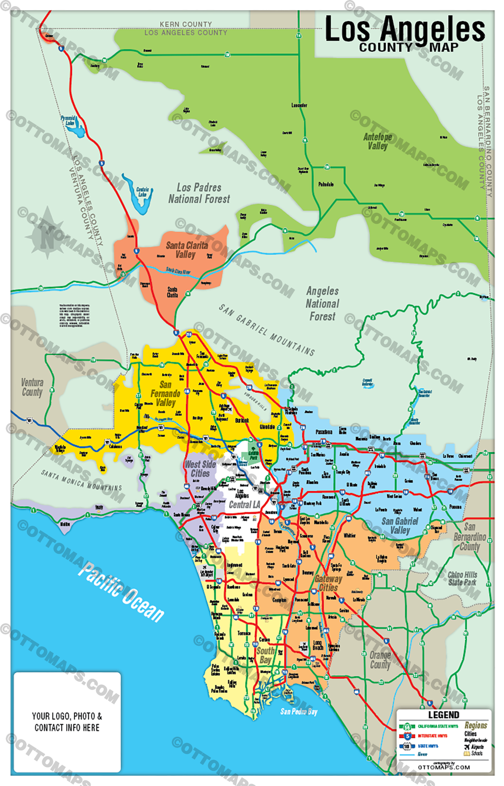 Los Angeles County Map - FULL - No Zip Codes - POSTER PRINTS