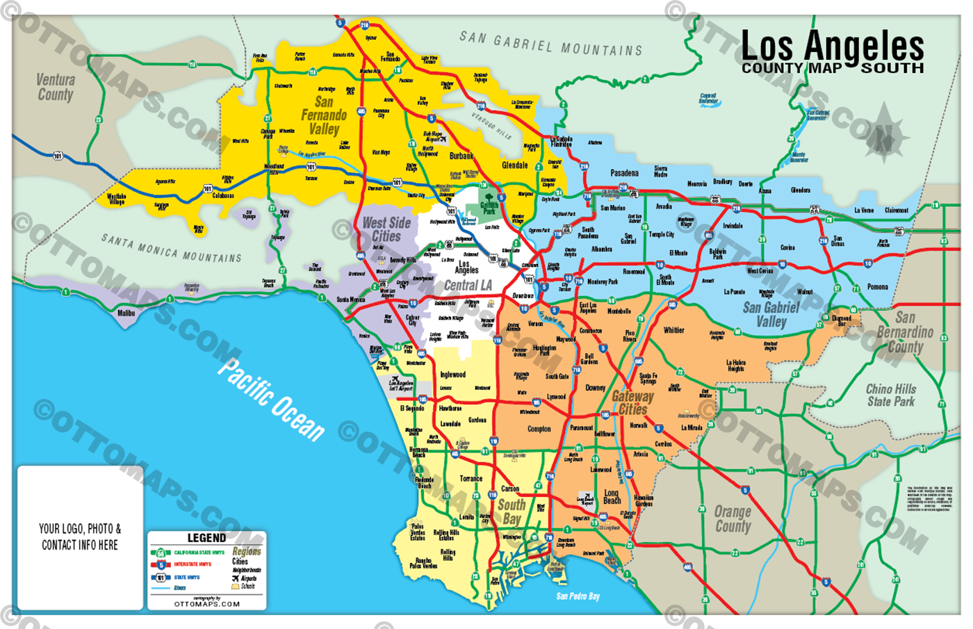 Los Angeles County Map - SOUTH - No Zip Codes - FILES - PDF and AI, editable, vector, royalty free