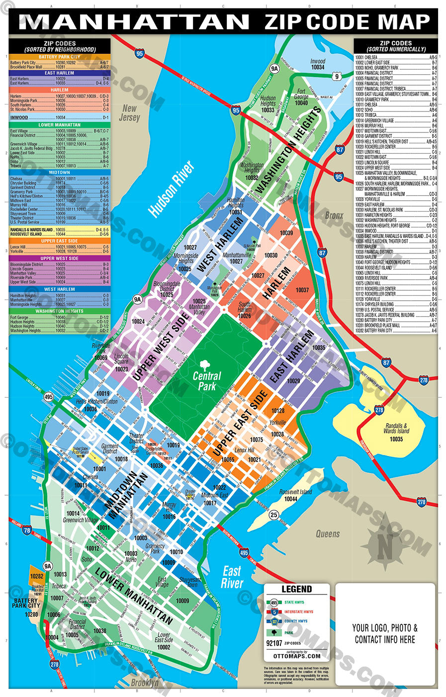 Manhattan Zip Code Map - Neighborhoods colorized - POSTER PRINTS