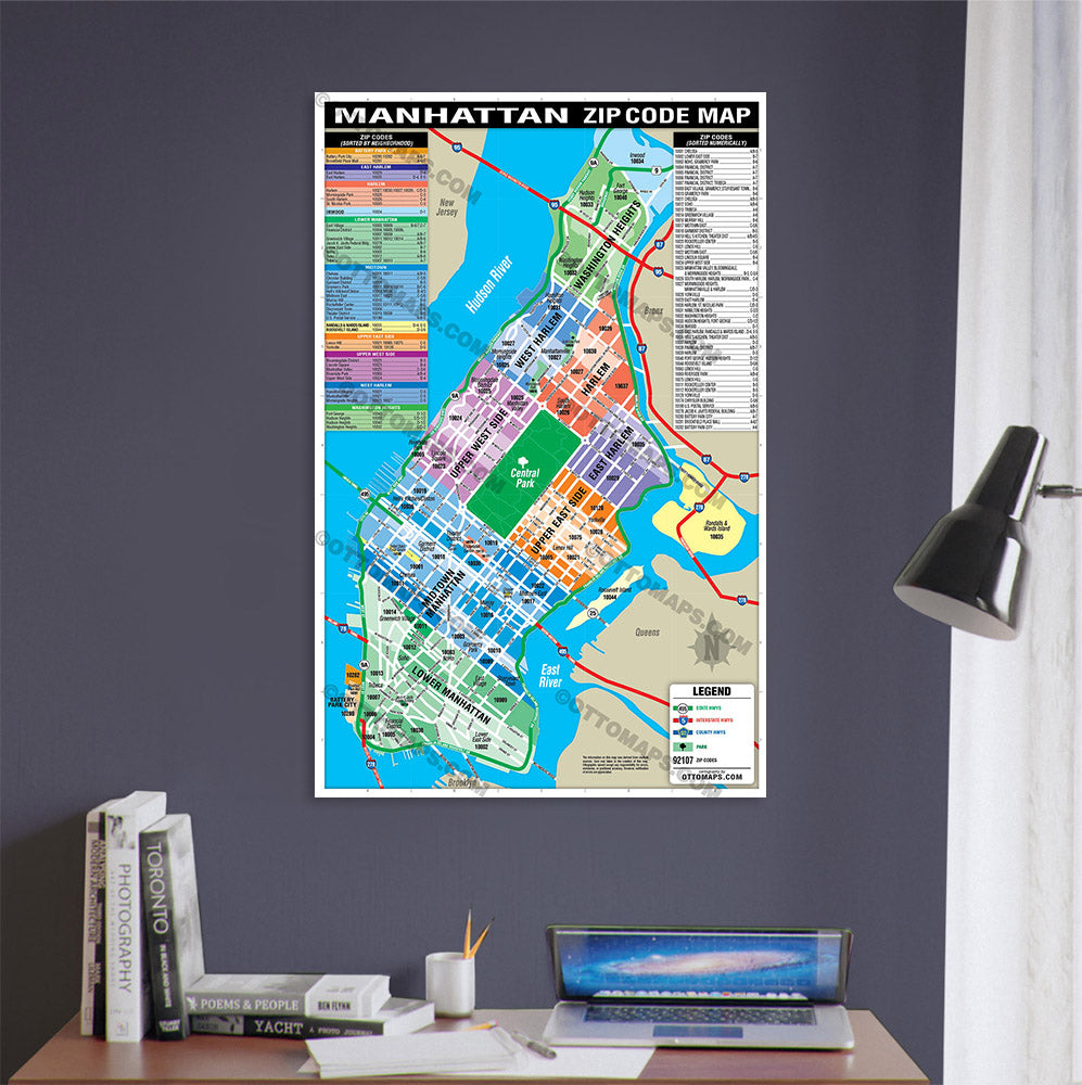 Manhattan Zip Code Map - Neighborhoods colorized - POSTER PRINTS