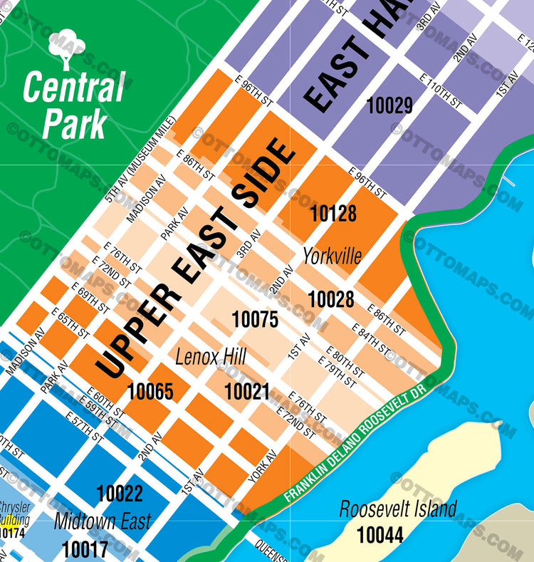 Manhattan Zip Code Map - Neighborhoods colorized - FILES - PDF and AI ...