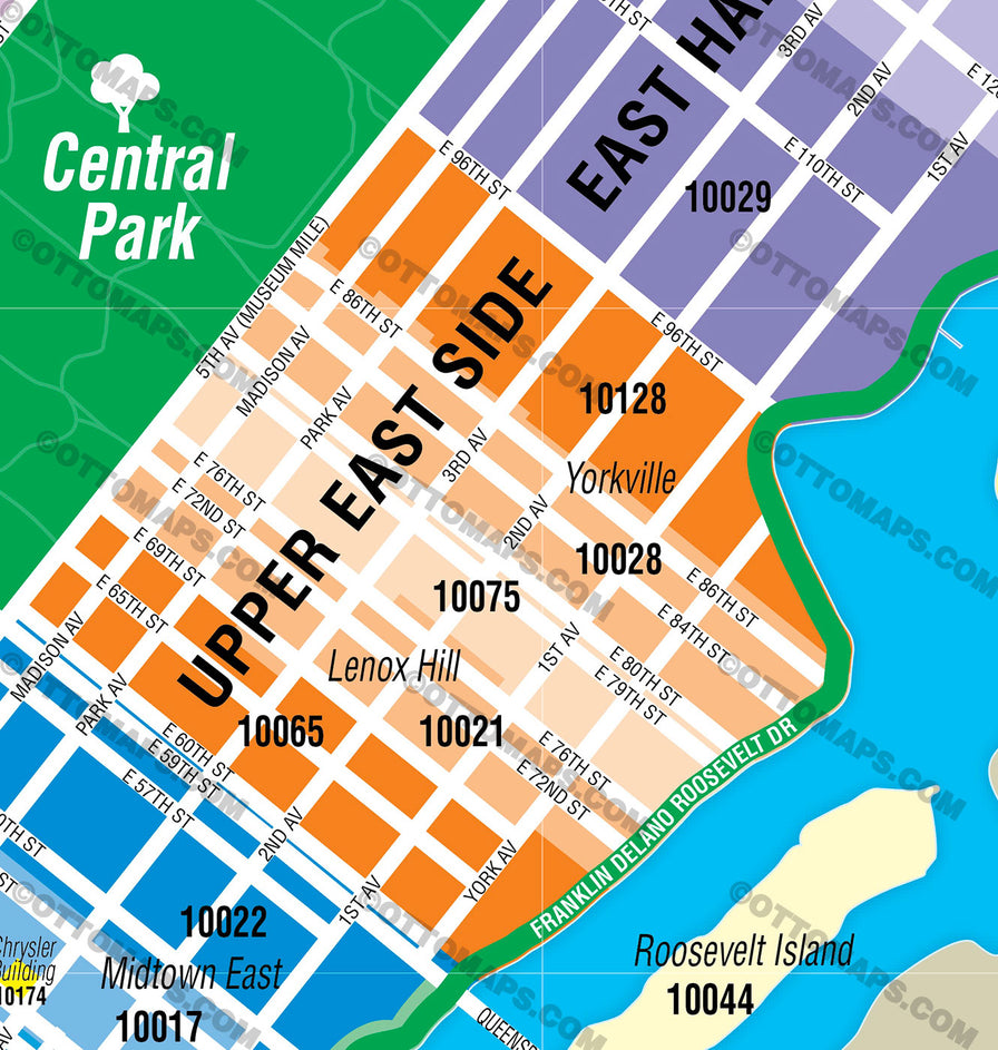 Manhattan Zip Code Map - Neighborhoods colorized - FILES - PDF and AI Files, editable, vector, royalty free