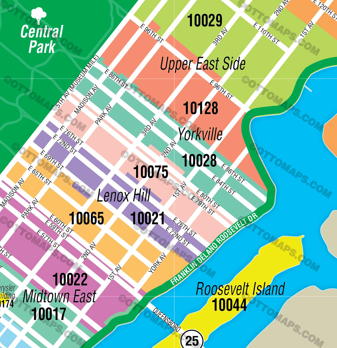 Manhattan Zip Code Map - Zip Codes colorized - FILES - PDF and AI Files, editable, vector, royalty free