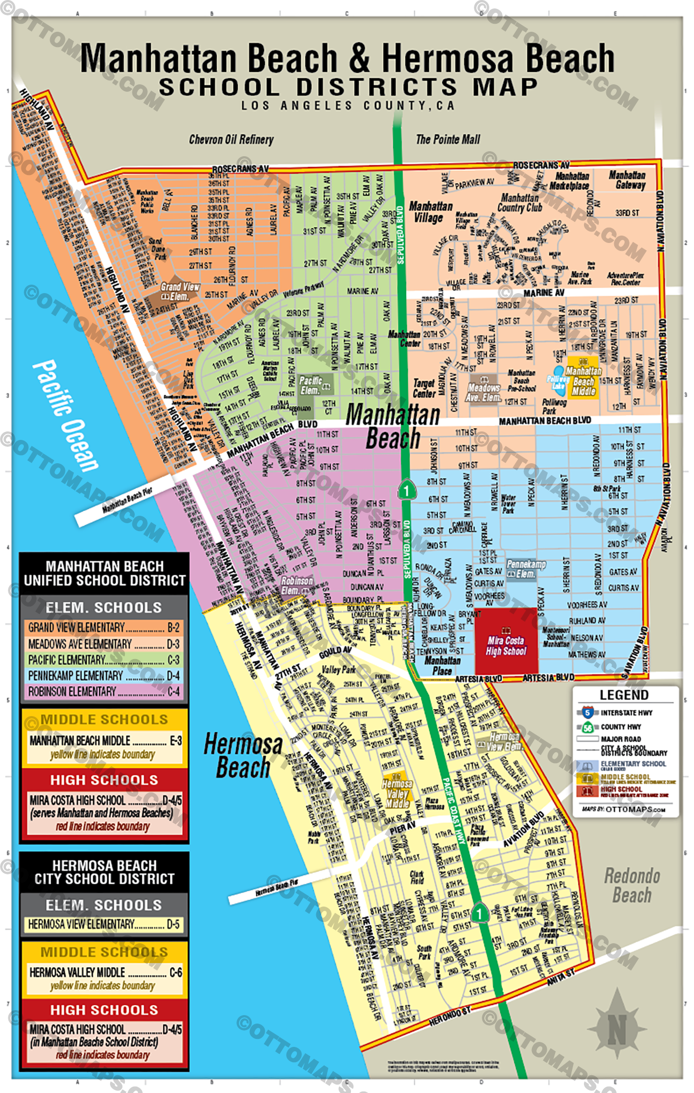 Manhattan Beach and Hermosa Beach School District Map - FILES - PDF and AI Files, editable, vector, royalty free