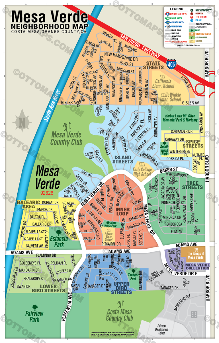 Mesa Verde Map, Costa Mesa, Orange County, CA - FILES - PDF and AI - no box