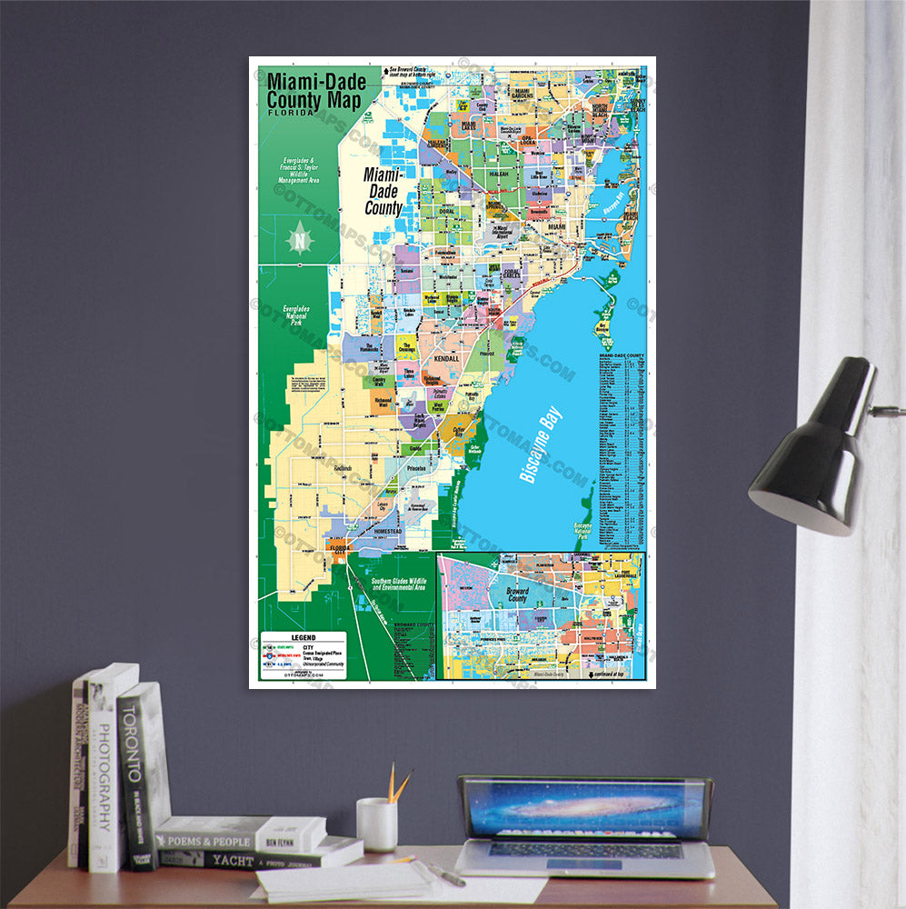 Miami Dade County Map with Broward County Inset Map - POSTER PRINTS