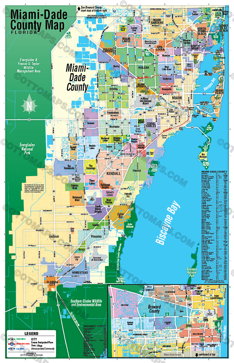 Miami Dade County Map with Broward County - POSTER PRINTS