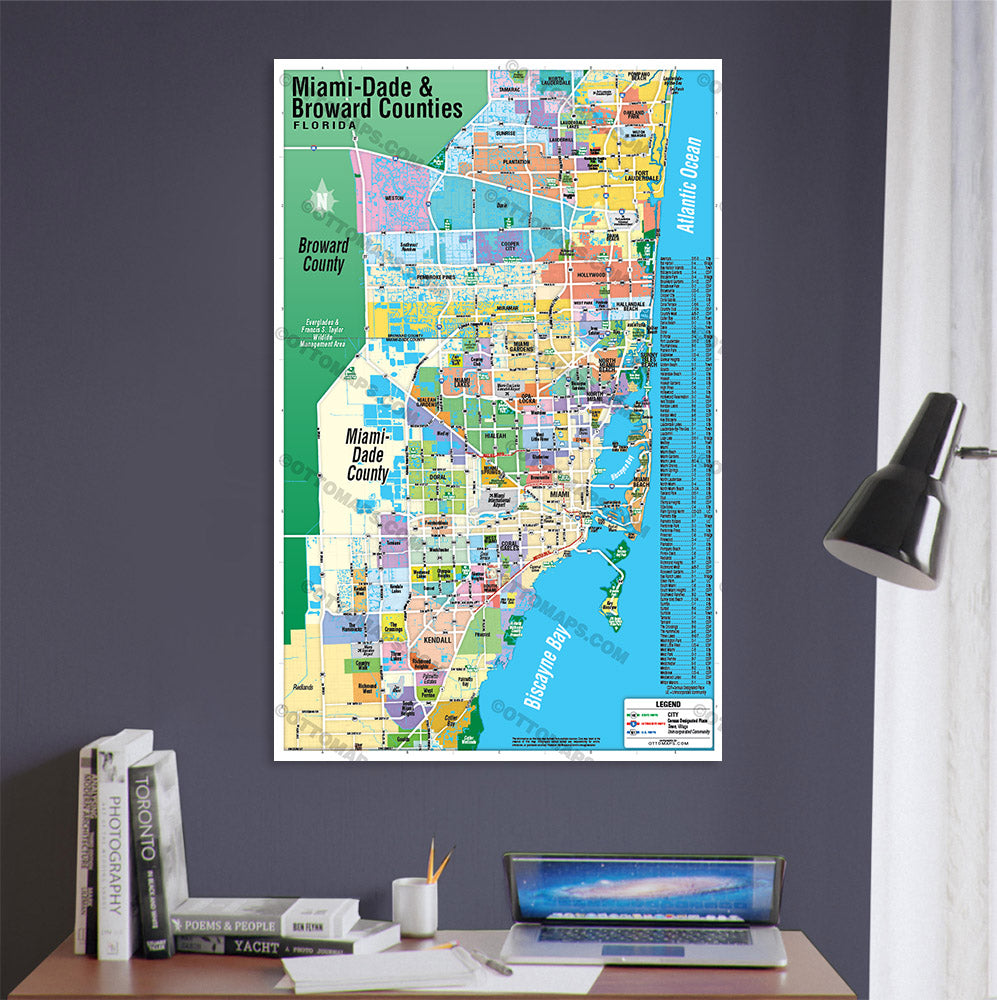 Miami Dade (northern) and Broward County (southern) Map - POSTER PRINTS