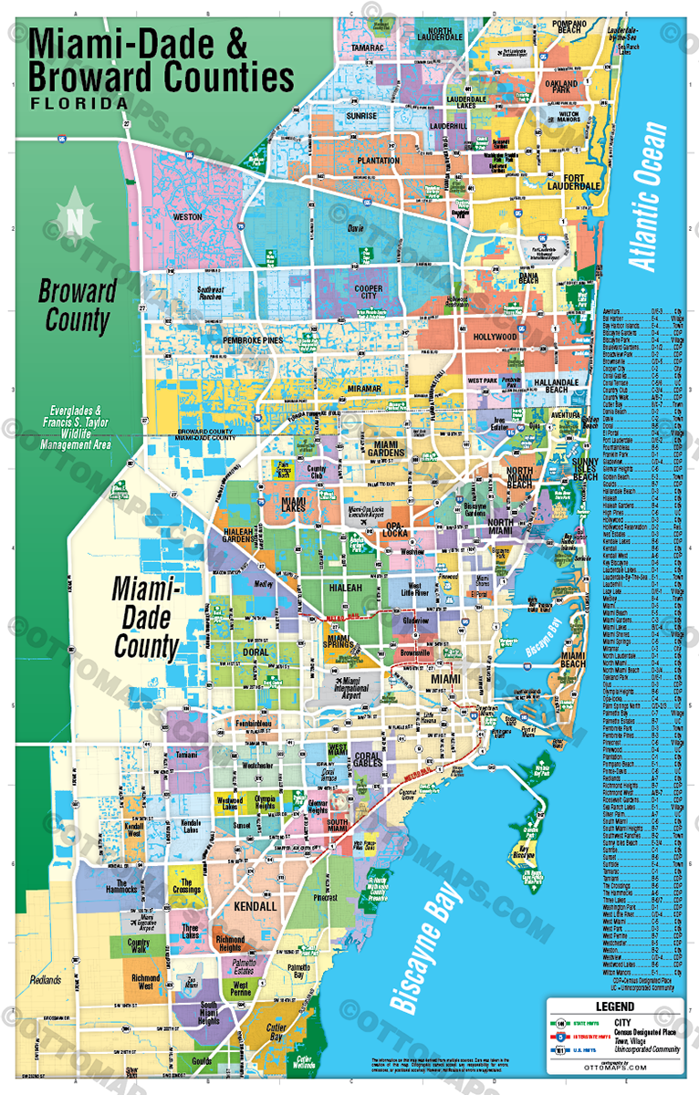Miami Dade (northern) and Broward County (southern) Map - POSTER PRINTS