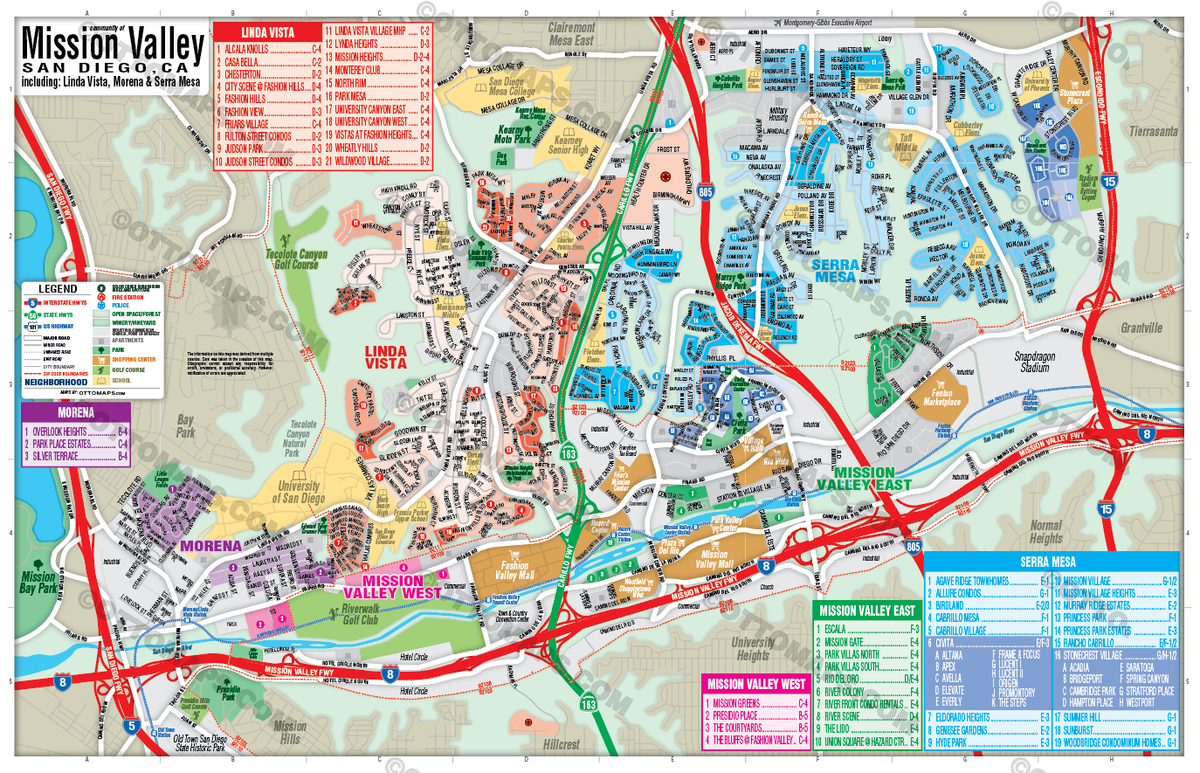 Mission Valley Map including Linda Vista, Morena and Serra Mesa - POSTER PRINTS