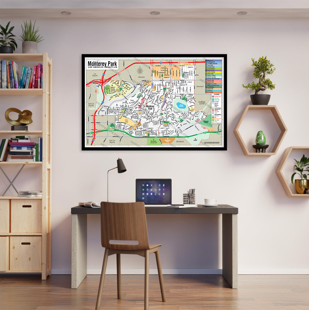 Monterey Park Map, Los Angeles County, CA - POSTER PRINTS - with frame