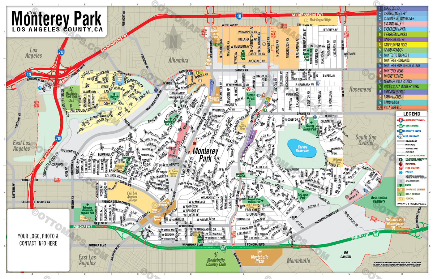 Monterey Park Map, Los Angeles County, CA - FILES - PDF and Adobe Illustrator - WITH BOX