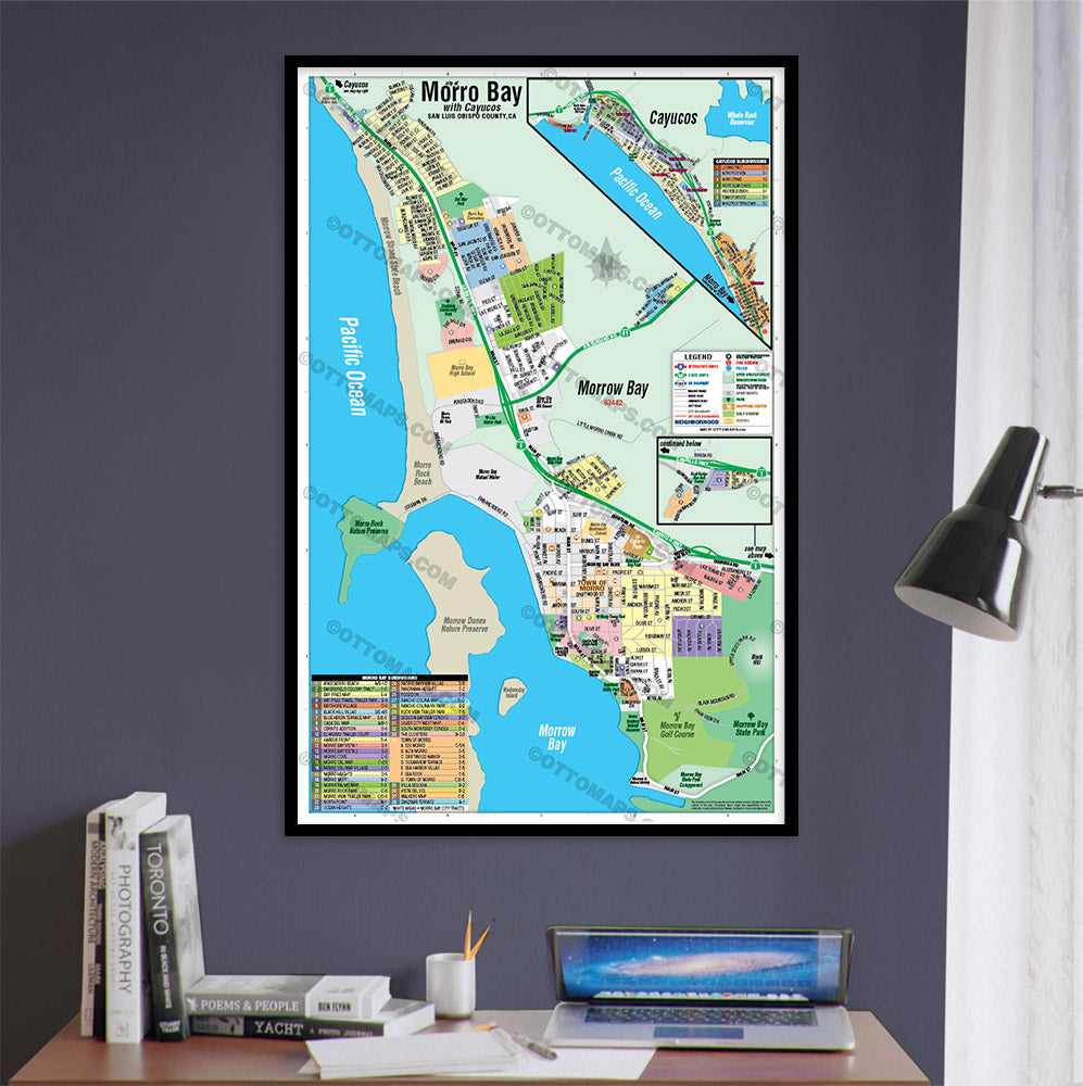 Morro Bay Map with Cayucos, San Luis Obispo County, CA - POSTER PRINTS - with frame