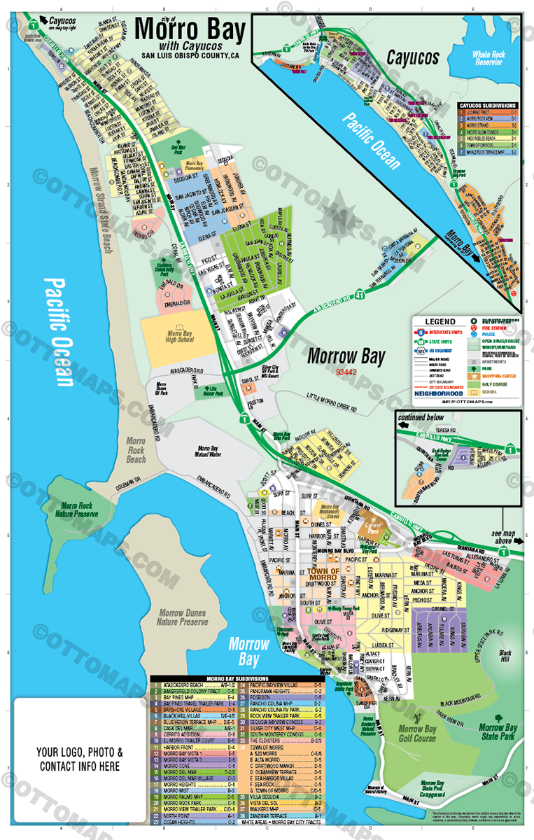 Morro Bay Map with Cayucos, San Luis Obispo County, CA - FILES - PDF and Adobe Illustrator - with box