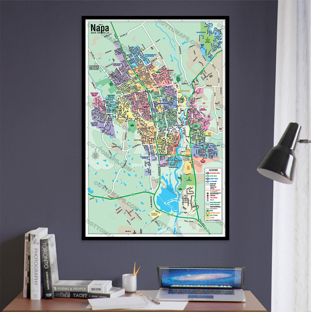 Napa Map with Neighborhoods, Napa County, CA - POSTER PRINTS - with frame