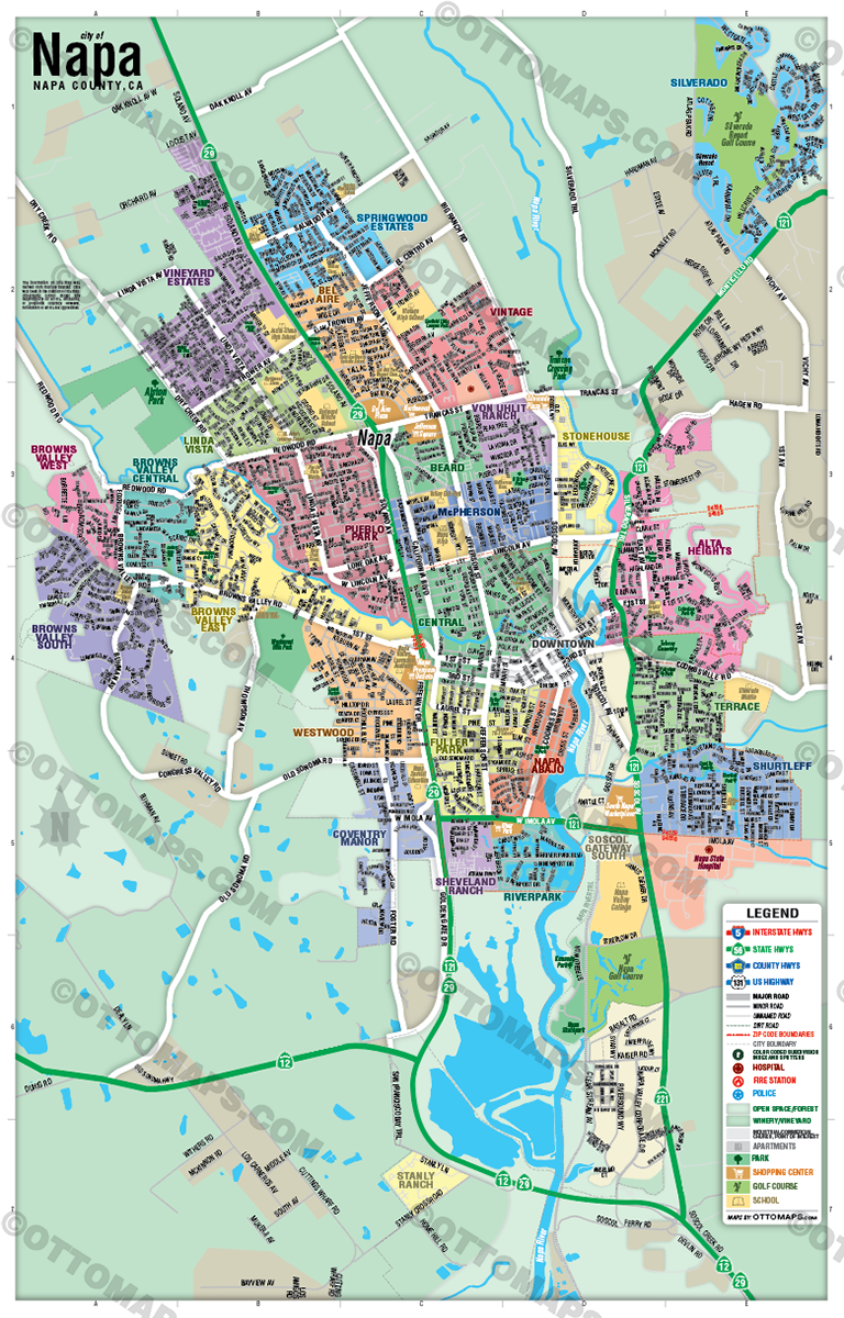 Napa Map with Neighborhoods, Napa County, CA - FILES - PDF and Adobe Illustrator - no box