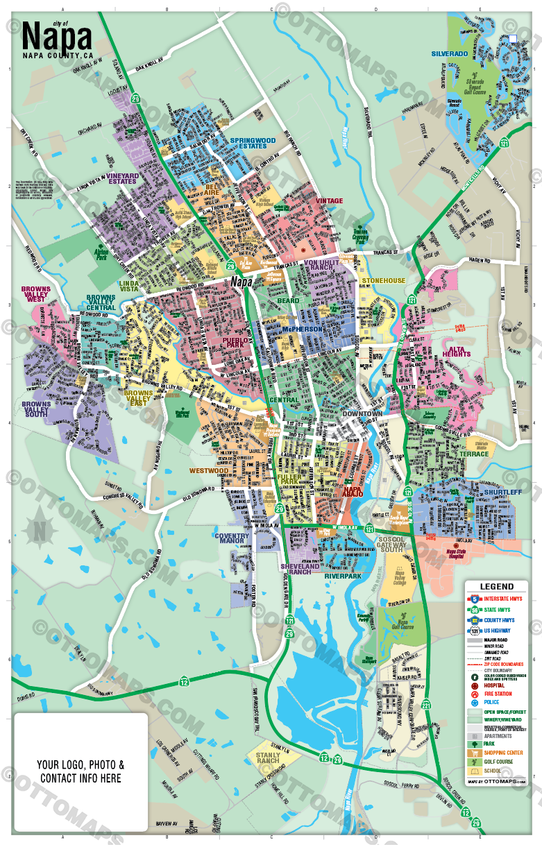 Napa Map with Neighborhoods, Napa County, CA - FILES - PDF and Adobe Illustrator - with box