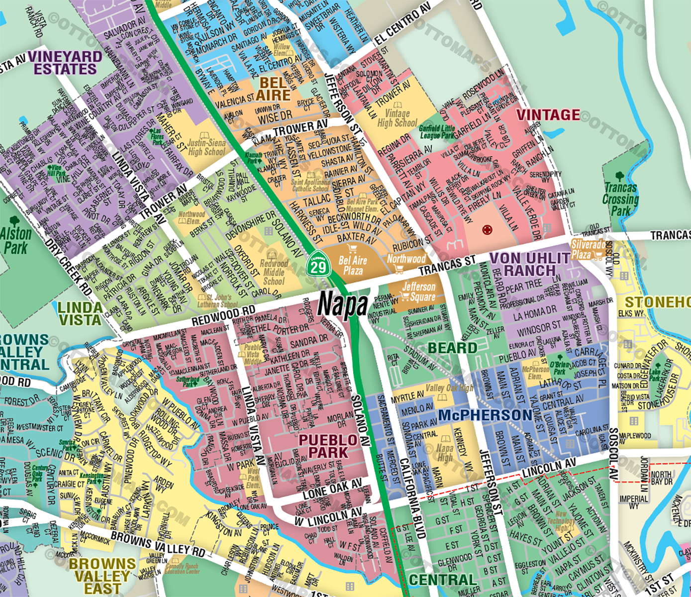 Napa Map with Neighborhoods, Napa County, CA - FILES - PDF and Adobe Illustrator - zoom