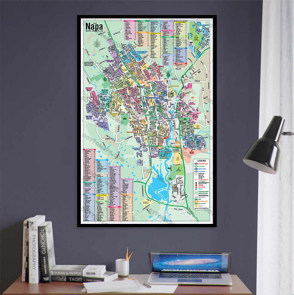 Napa Map with Subdivisions, Napa County, CA - POSTER PRINTS - with frame