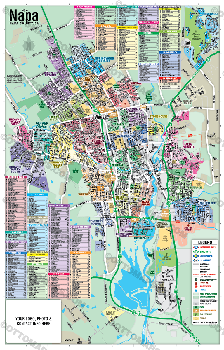 Napa Map with Subdivisions, Napa County, CA - FILES - PDF and Adobe Illustrator - WITH BOX