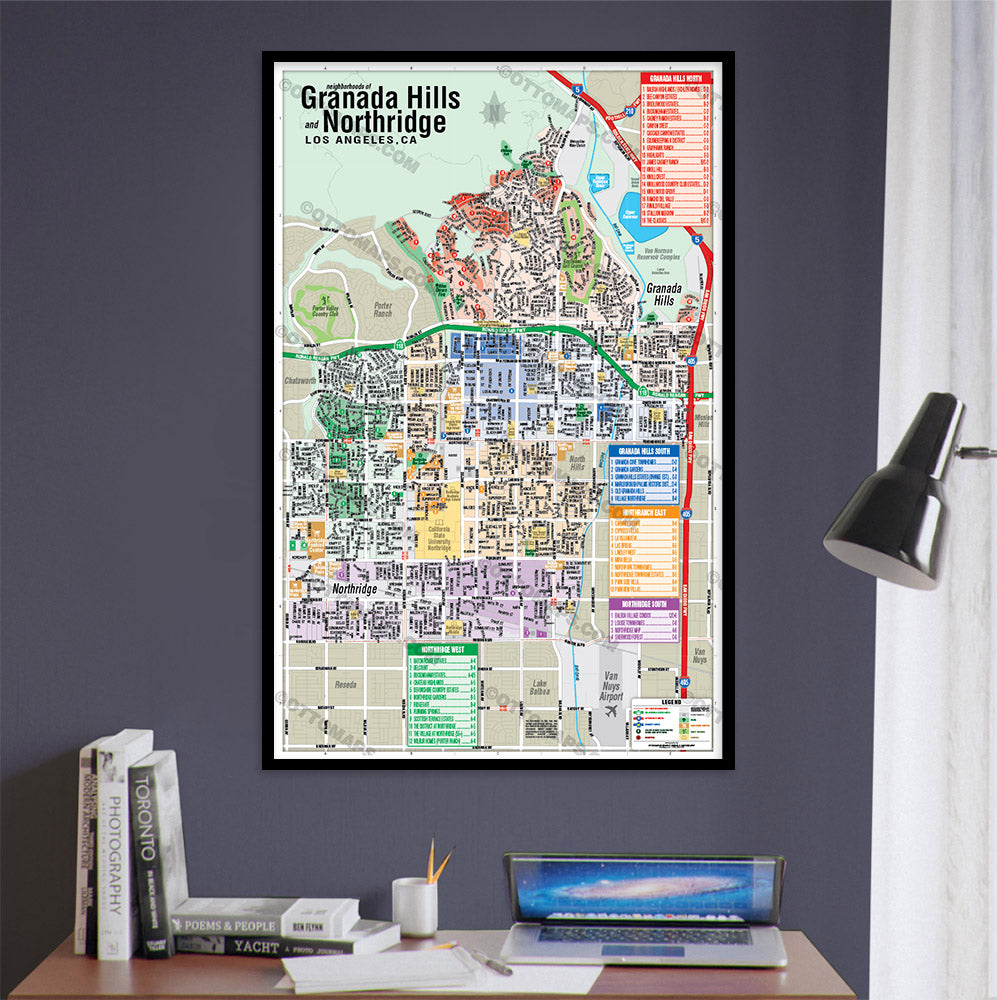 Northridge and Granada Hills Map, Los Angeles County, CA - POSTER PRINTS - with frame