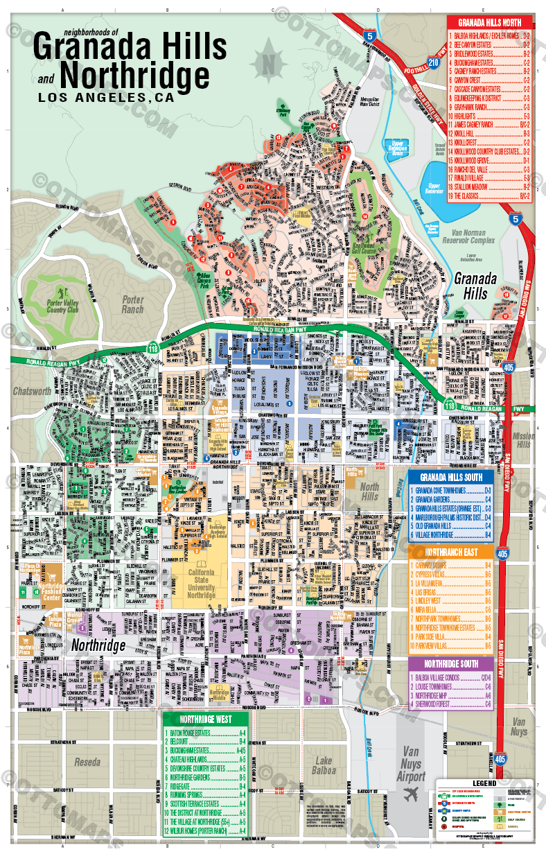 Northridge and Granada Hills Map, Los Angeles County, CA - POSTER PRINTS