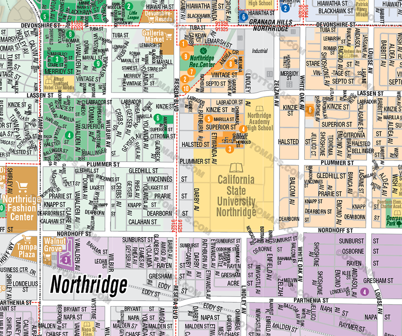 Northridge and Granada Hills Map, Los Angeles County, CA - FILES - PDF and Adobe Illustrator - zoom
