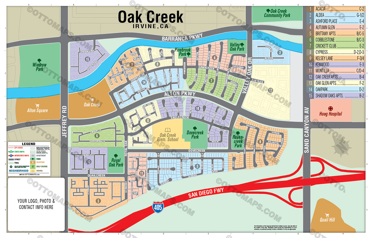 Oak Creek Map, Irvine, Orange County, CA - FILES - PDF and Adobe Illustrator - with box