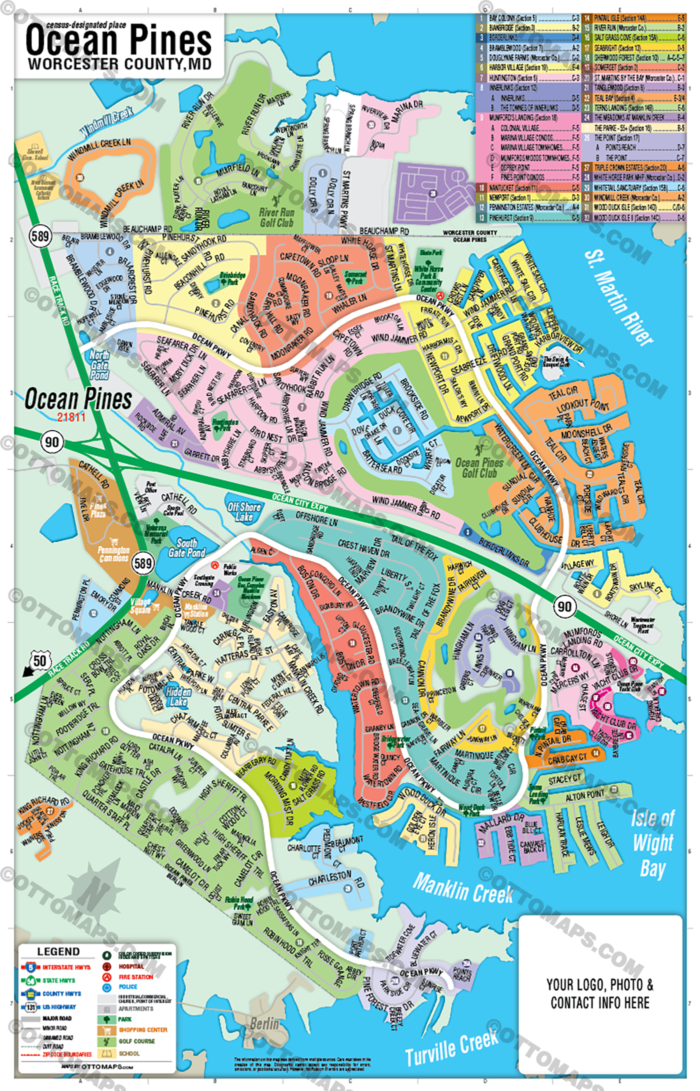 Ocean Pines Map, Worcester County, MD - FILES - PDF and AI Files, editable, vector, royalty free with box