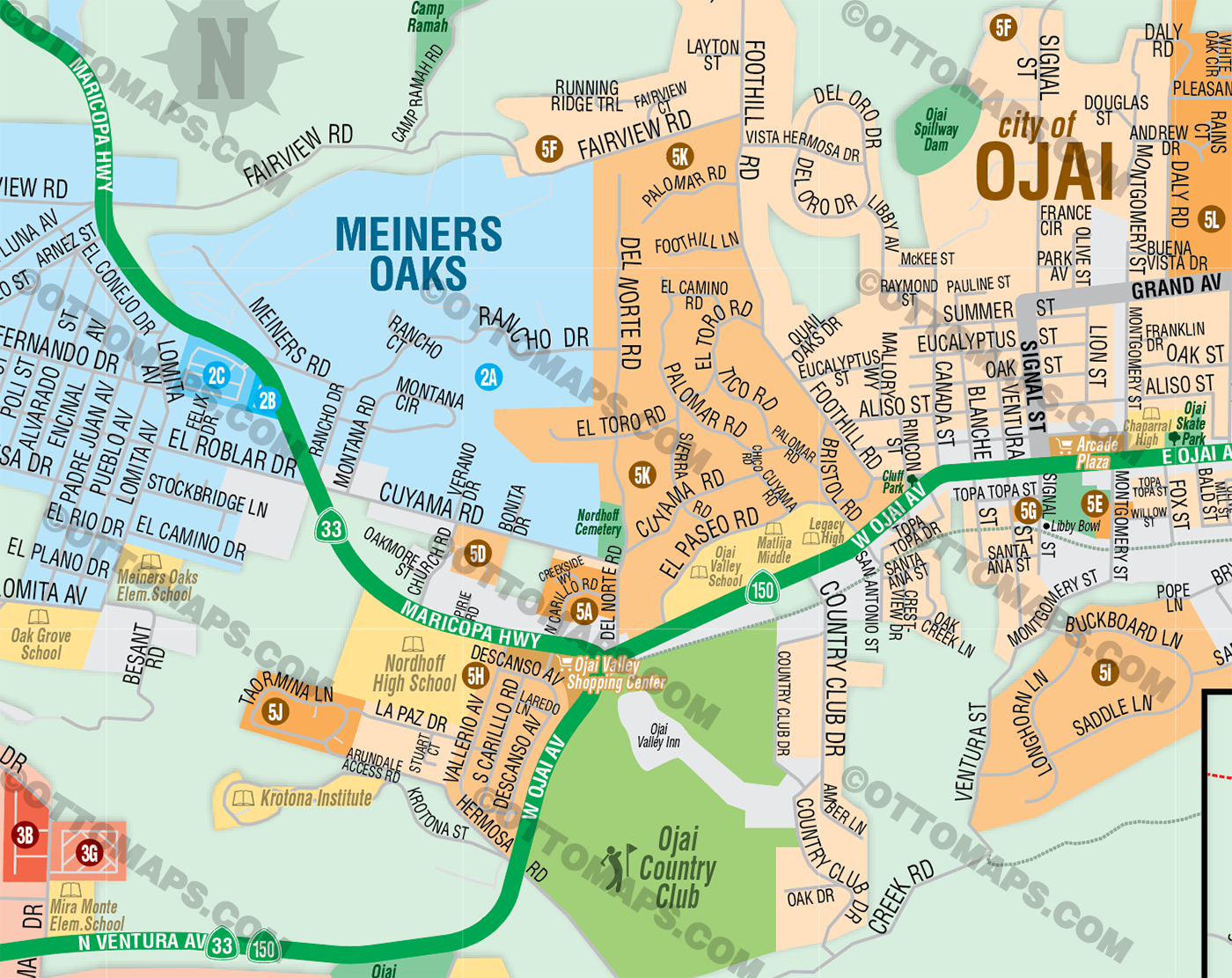 Ojai Valley Map, Ventura County, CA - FILES - PDF and AI, editable, vector, royalty free