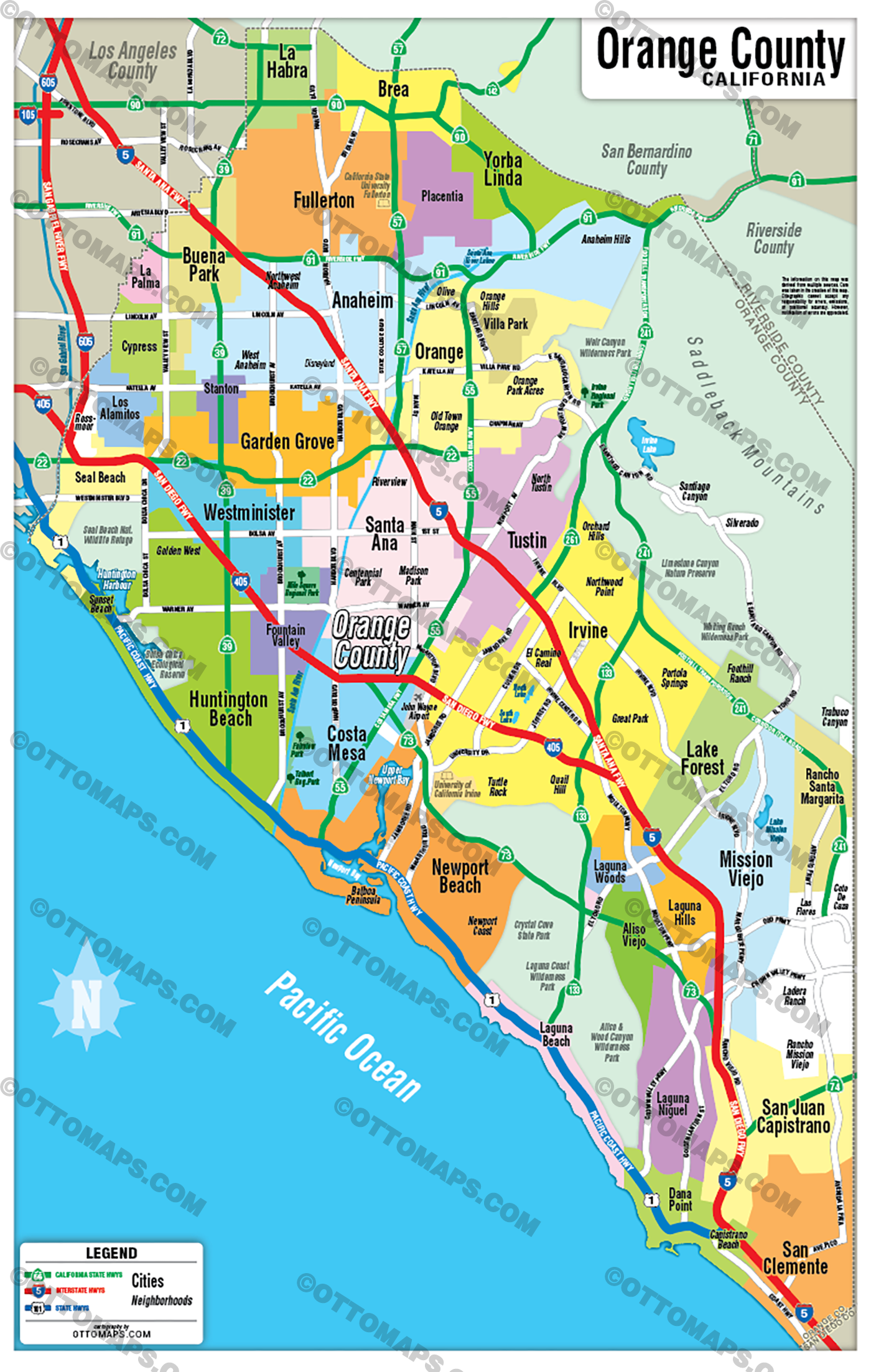 Orange County Map - No Zip Codes - FILES - PDF and AI, layered, editable, vector, royalty free