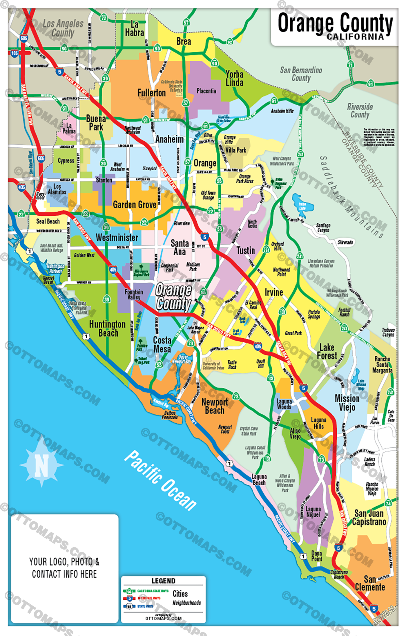 Orange County Map - No Zip Codes - FILES - PDF and AI, layered, editable, vector, royalty free