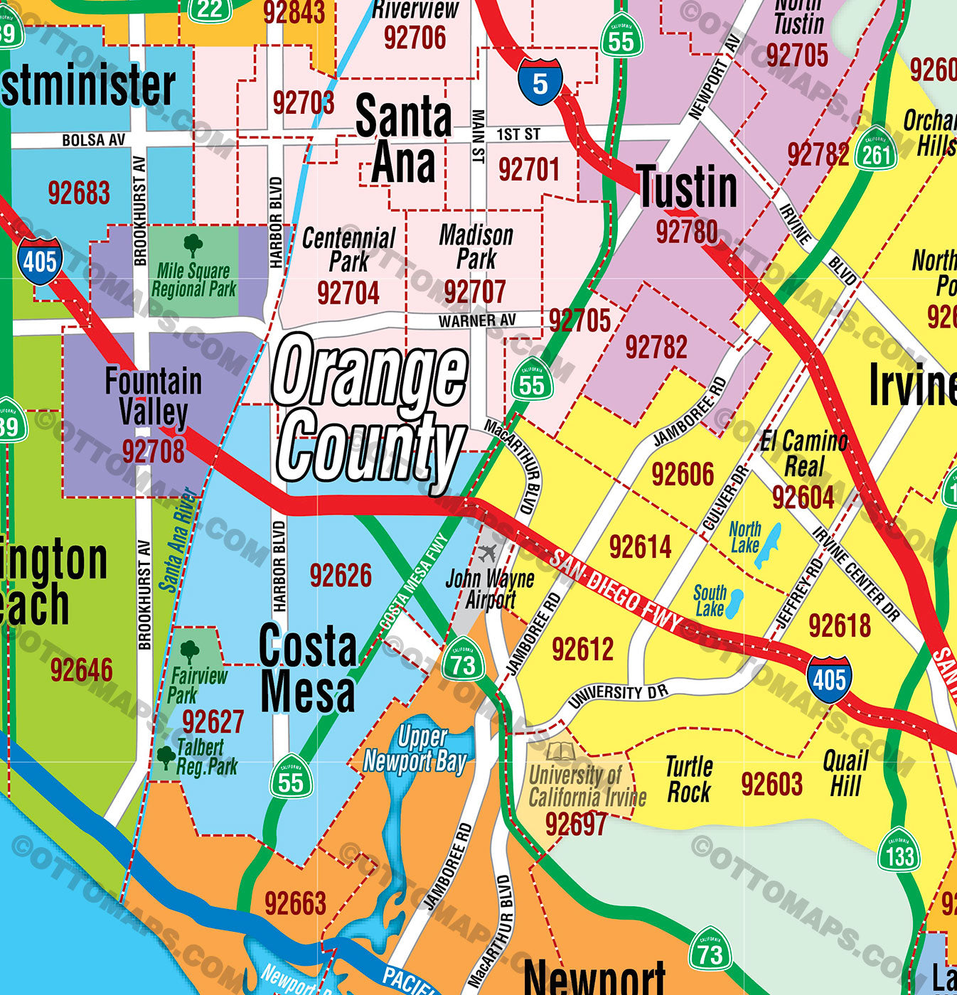 Orange County Zip Code Map - Cities colorized - FILES - PDF and AI Files, editable, vector, royalty free