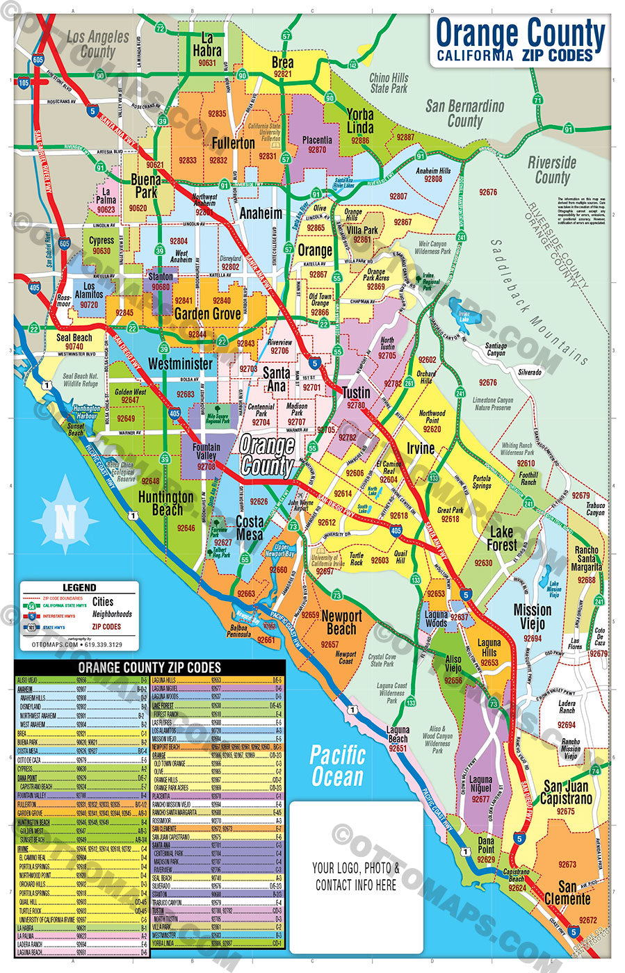 Orange County Zip Code Map - Cities colorized - FILES - PDF and AI Files, editable, vector, royalty free