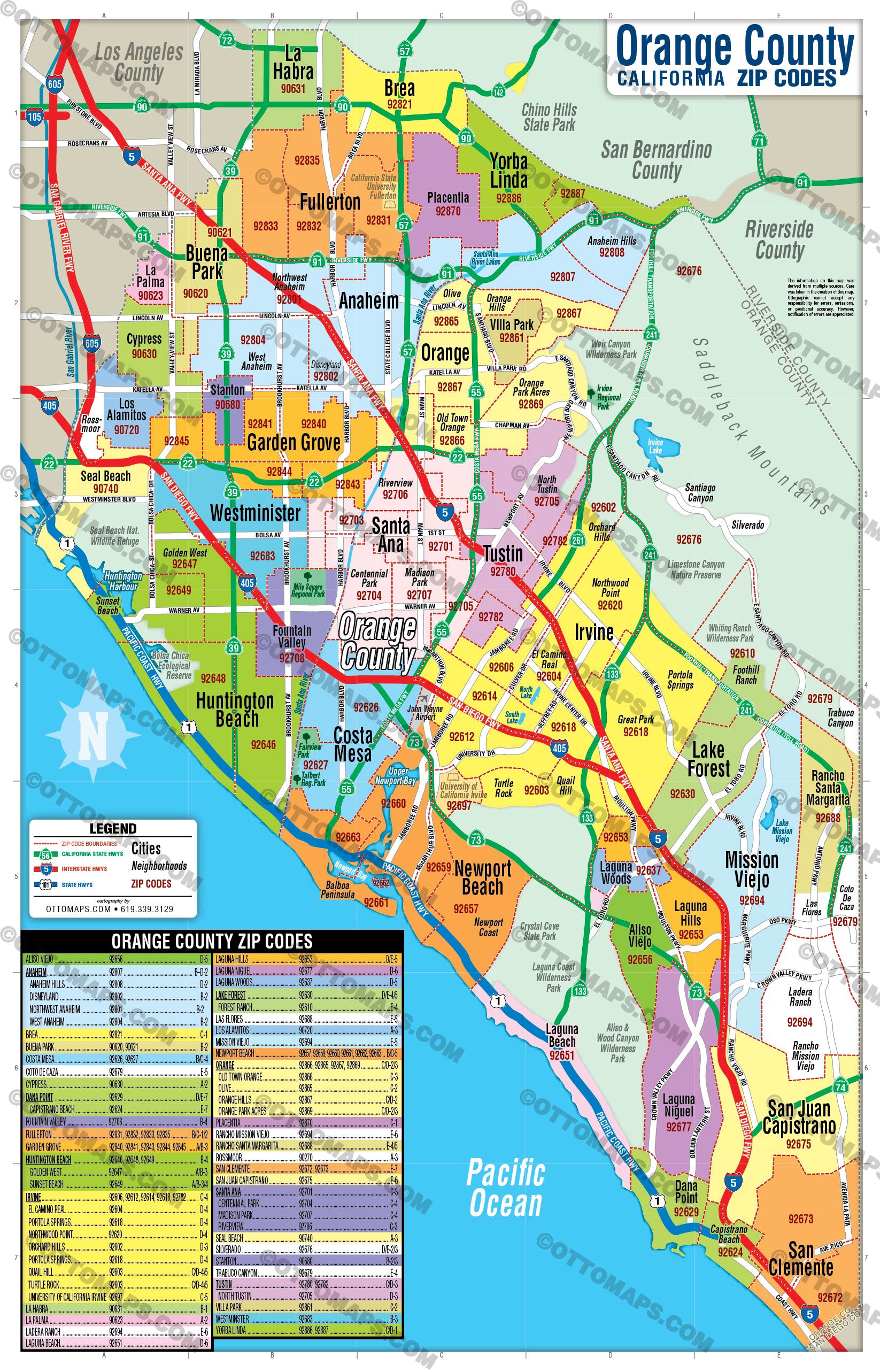 Orange County Zip Code Map - Cities colorized - FILES - PDF and AI Files, editable, vector, royalty free