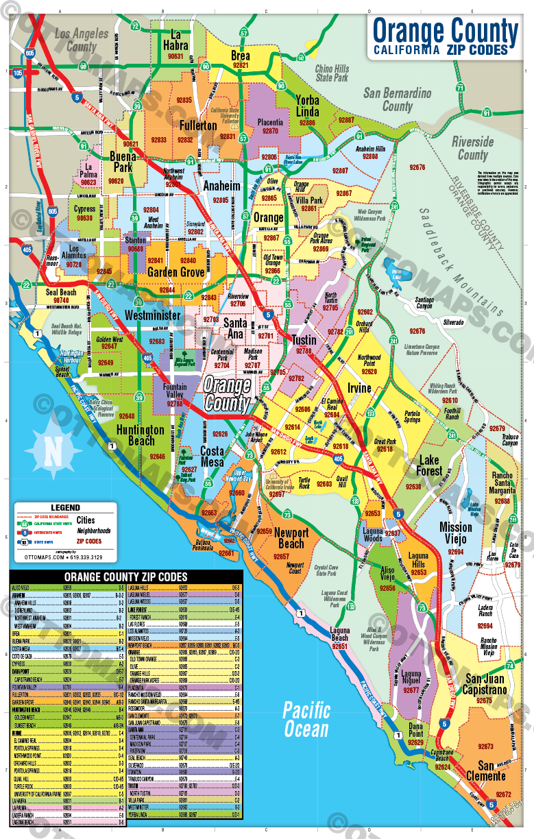 Orange County Zip Code Map - Cities colorized - POSTER PRINTS