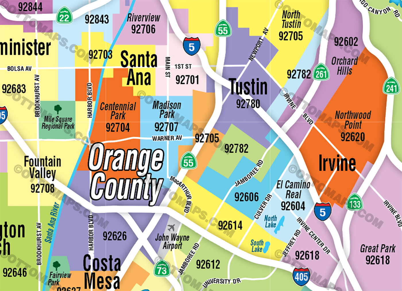 Orange County Zip Code Map - FILES - PDF and AI Files, editable, vector, royalty free