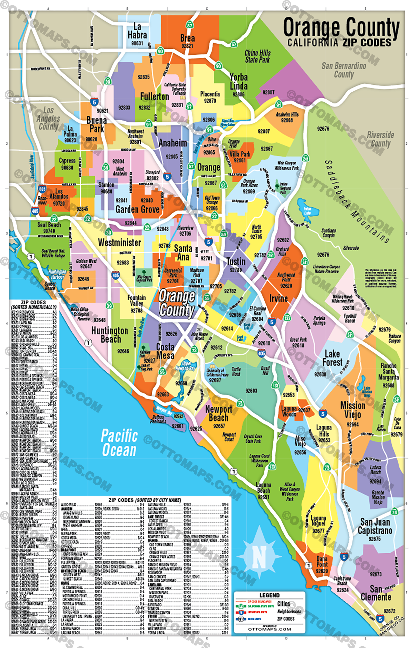 Orange County Zip Code Map - Zip Codes Colorized - FILES - PDF and AI Files, editable, vector, royalty free no box