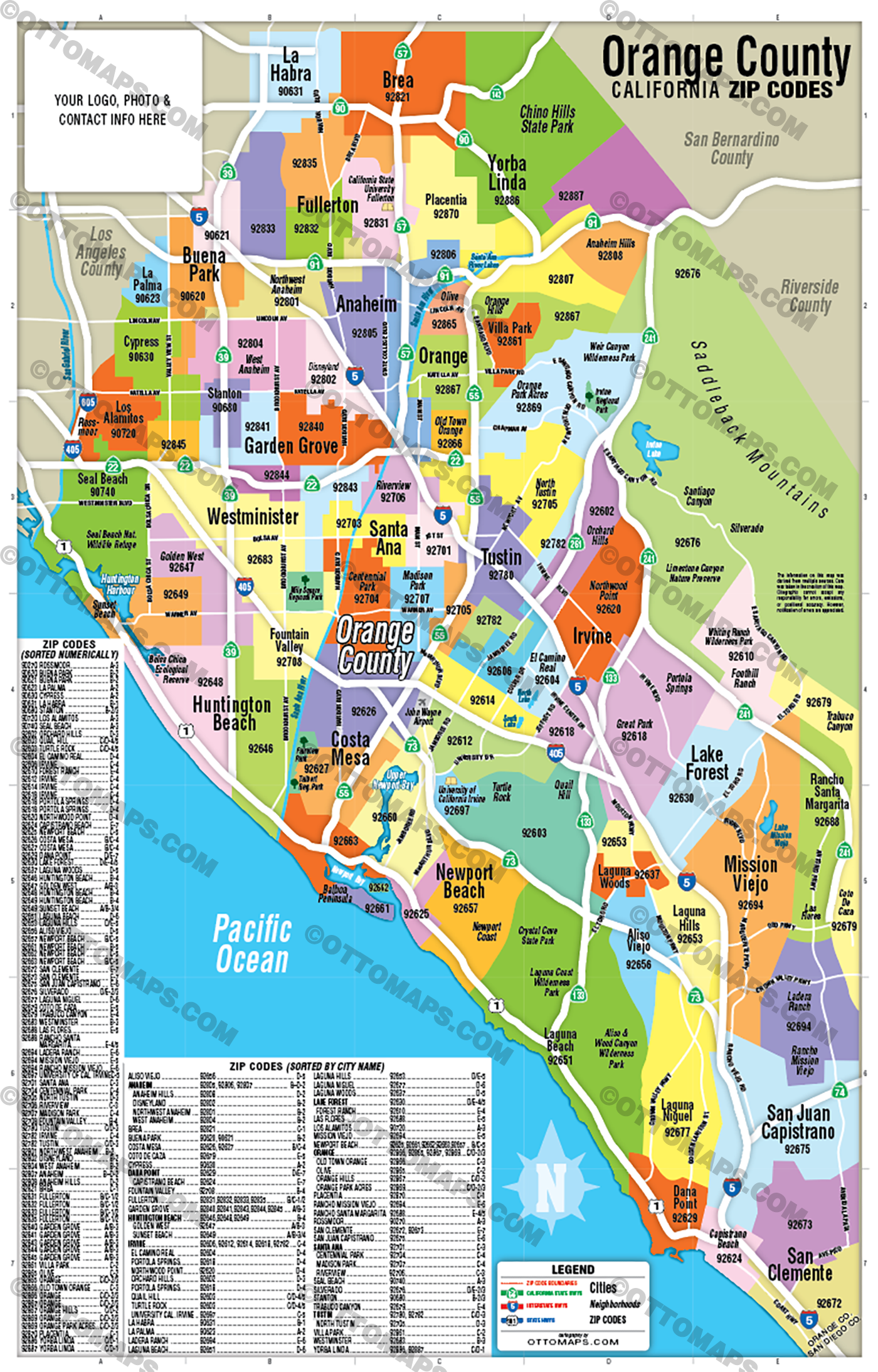 Orange County Zip Code Map - Zip Codes Colorized - FILES - PDF and AI Files, editable, vector, royalty free with box