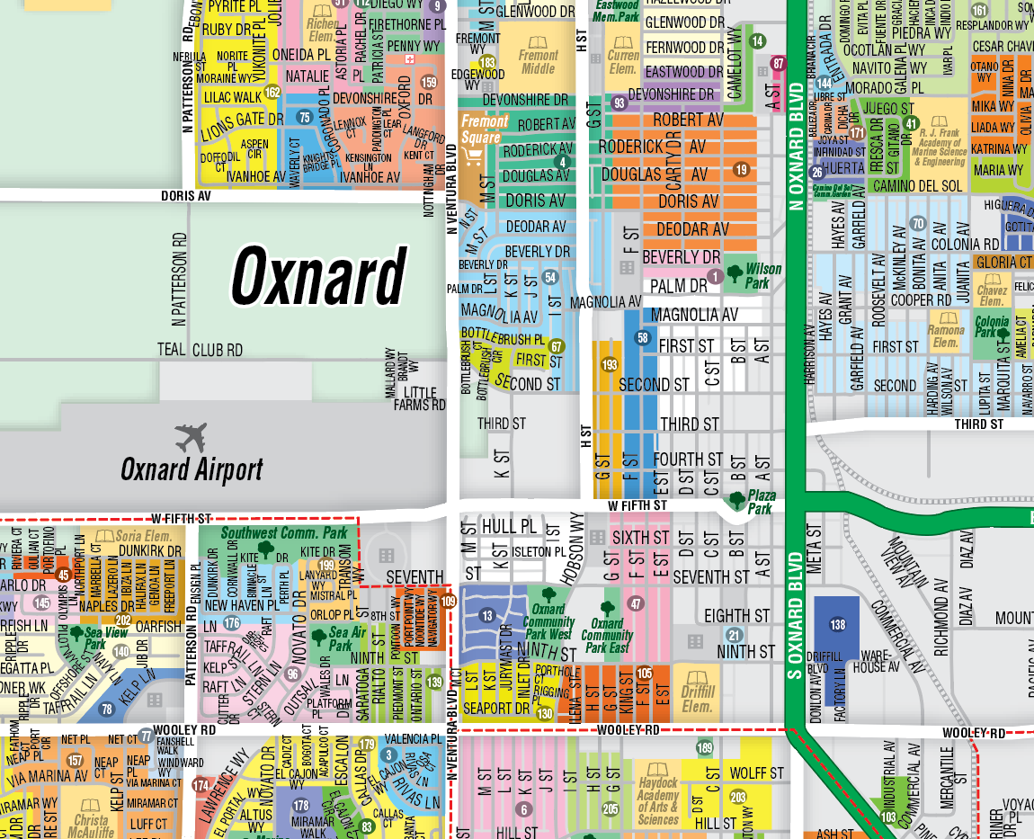 Oxnard and Port Hueneme Map, Ventura County, CA - FILES - PDF and AI Files, editable, vector, royalty free - zoom