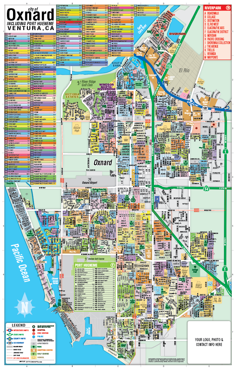 Oxnard and Port Hueneme Map, Ventura County, CA - FILES - PDF and AI Files, editable, vector, royalty free
