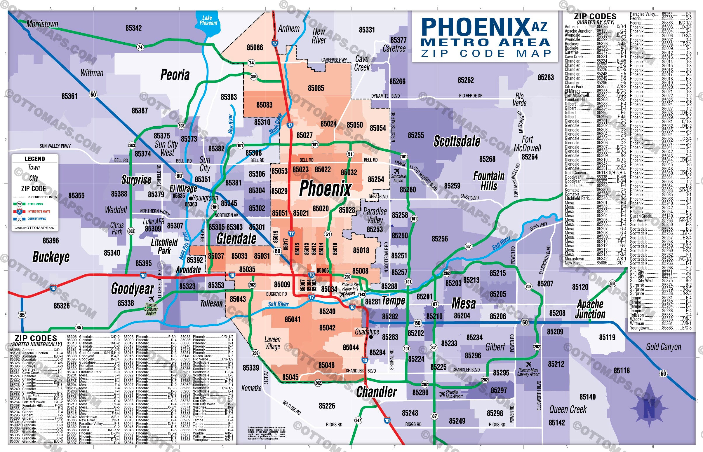 Phoenix Metro Area Zip Code Map - Cities Colored - FILES - PDF and AI Files, editable, vector, royalty free