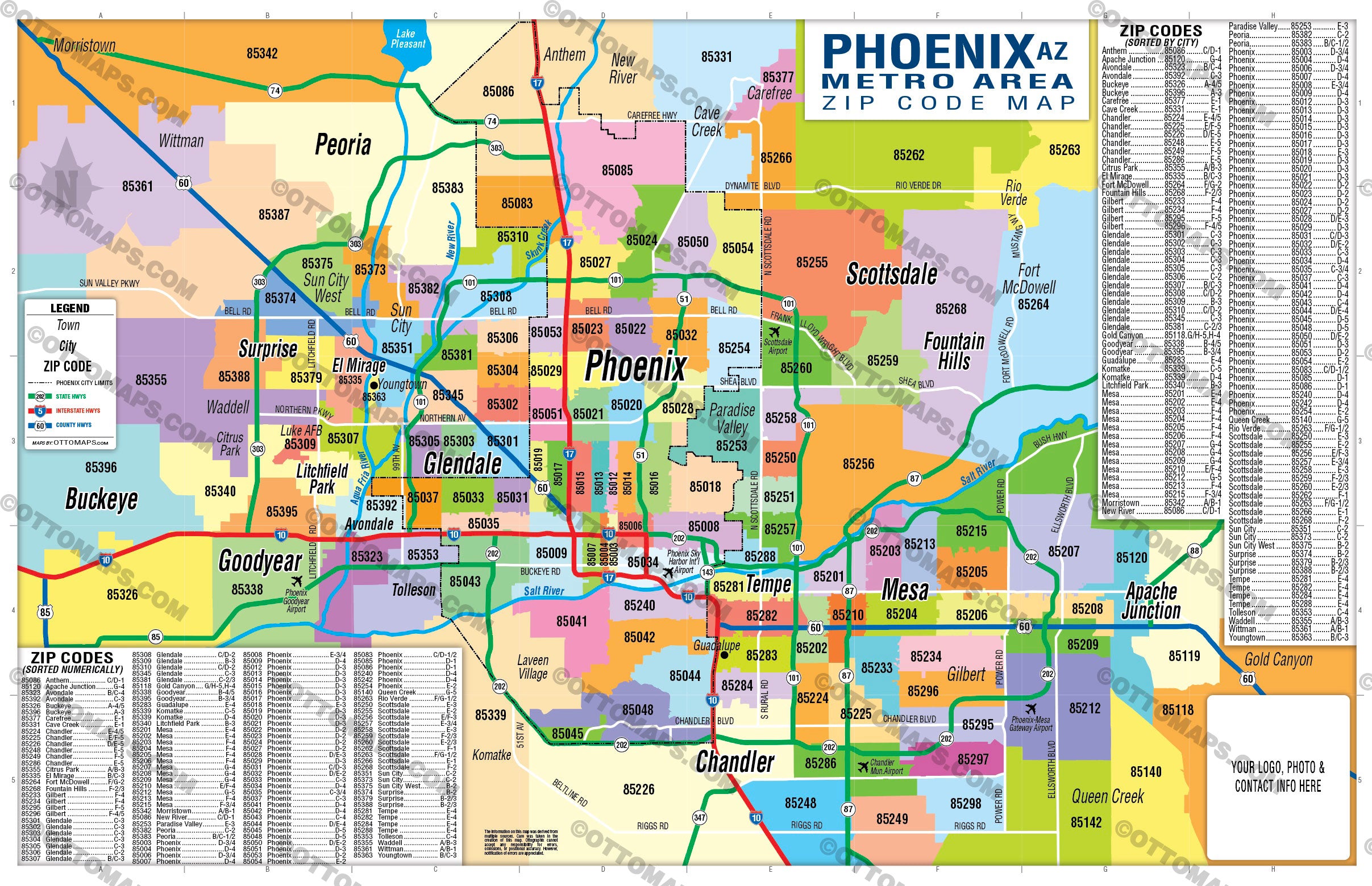 Phoenix Metro Area Zip Code Map - Zip Codes Colored - FILES - PDF and AI Files, editable, vector, royalty free