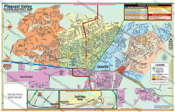 Pleasant Valley School District Map including Camarillo and Santa Rosa Valley -  PDF, editable, royalty free